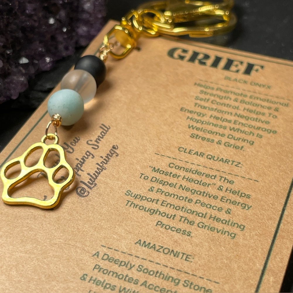 Grief Crystal Gemstone Card With Gold Paw Charm Keychain